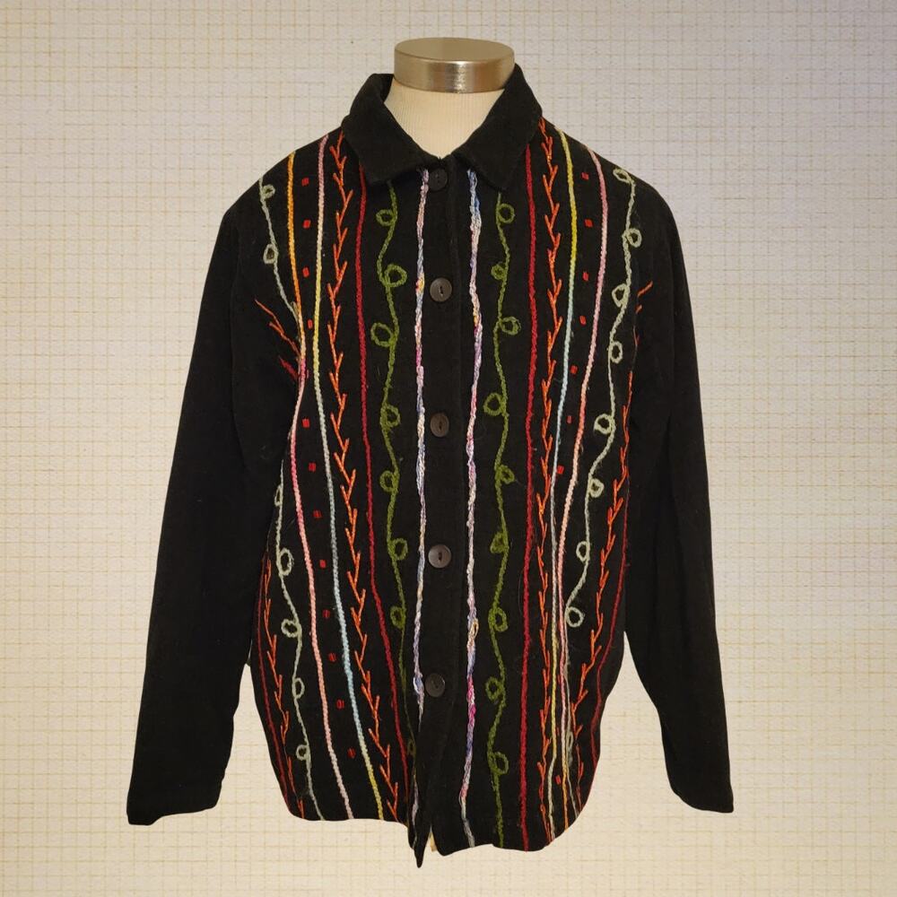 90s Eclectic Artwear White Stag Embroidered Button-Up Cardigan M Wool Blend P